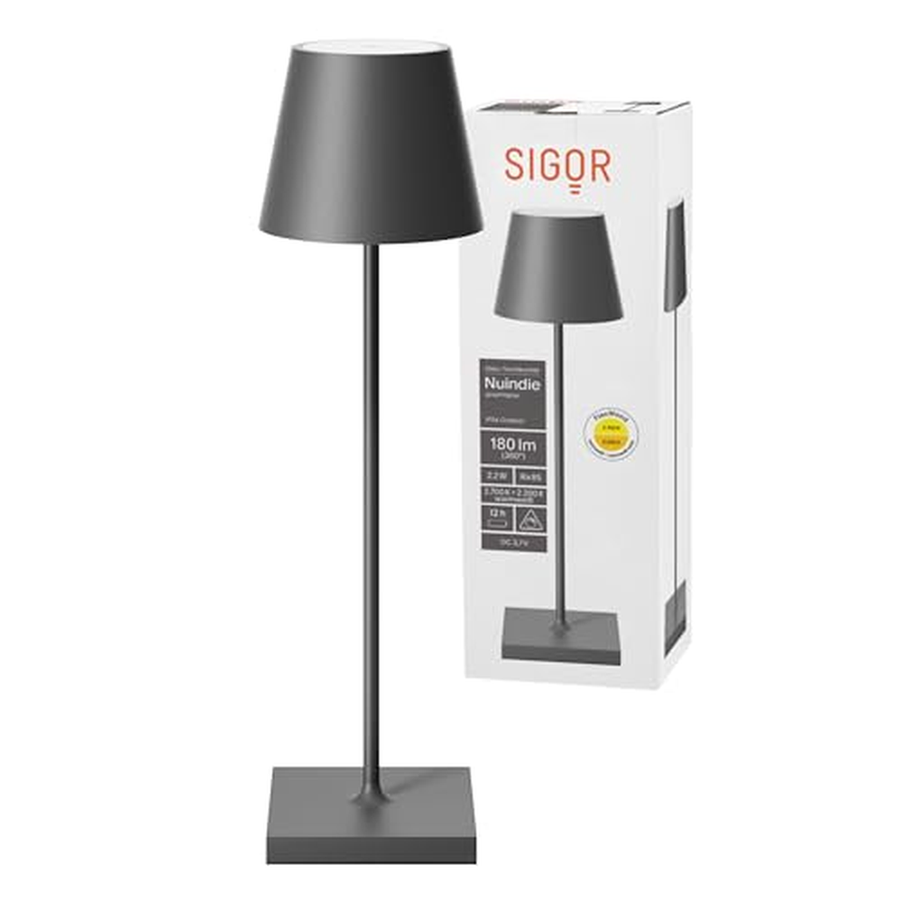 SIGOR Nuindie - stmívatelná LED dobíjecí stolní lampa do interiéru i exteriéru, IP54, odolná proti stříkající vodě, výška 38 cm,